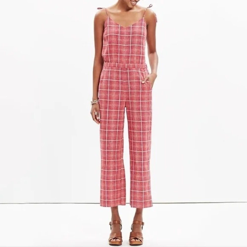 Madewell Biopic Crop Jumpsuit Sz S Red Plaid Sleeveless Summer Boho Linen Blend